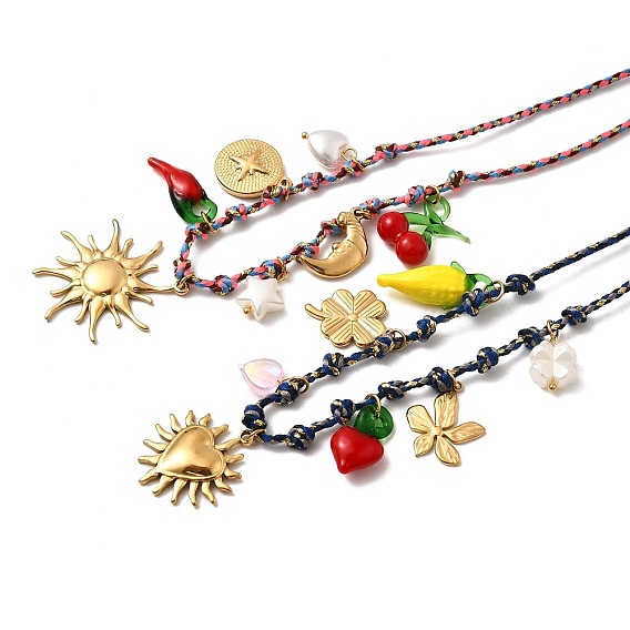304 Женские ожерелья с подвесками из хлопкового шнура из нержавеющей стали и пластика, красные, золотые