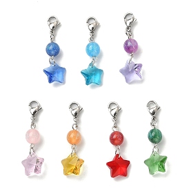 Glass Star Pendant Decorations, with Resin Round Beads and 304 Stainless Steel Lobster Claw Clasps