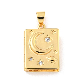 Rack Plating Brass Micro Pave Cubic Zirconia Locket Pendants, Long-Lasting Plated, Cadmium Free & Lead Free, Rectangle With Moon & Star & Planet