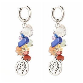 Tree of Life Charm Huggie Hoop Earrings for Girl Women, Natural Mixed Stone Chip Beads Dangle Hoop Earrings