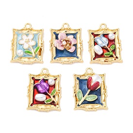 Подвески из эмали и сплава, с ABS имитации жемчуга, без кадмия, без никеля и без свинца, стойки покрытие, прямоугольник с цветочной подвеской, золотые