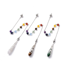 Gemstone Pointed Dowsing Pendulums, with Natural Chakra Round Gemstone Beads & 304 Stainless Steel Findings, Faceted Bullet Charm