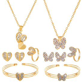 Комплект украшений со стразами в форме бабочки и сердца, 2 шт. ожерелье с подвеской из сплава и 2 шт. серьги-гвоздики и 2 шт. браслет-манжета и 2 шт. регулируемое кольцо