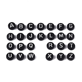 Непрозрачные акриловые бусины, плоские круглые с буквы, металла обвитые, чёрные