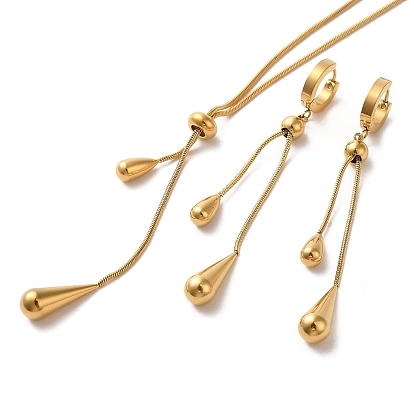 Teardrop 304 Stainless Steel Jewelry Set, Dangle Hoop Earrings and Lariat Necklace
