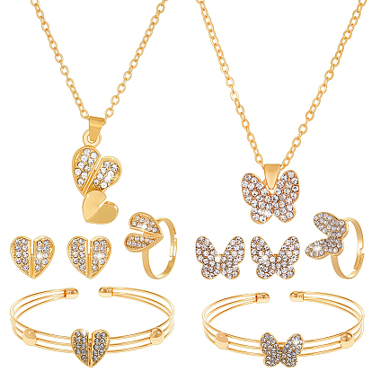 Комплект украшений со стразами в форме бабочки и сердца, 2 шт. ожерелье с подвеской из сплава и 2 шт. серьги-гвоздики и 2 шт. браслет-манжета и 2 шт. регулируемое кольцо