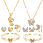 Комплект украшений со стразами в форме бабочки и сердца, 2 шт. ожерелье с подвеской из сплава и 2 шт. серьги-гвоздики и 2 шт. браслет-манжета и 2 шт. регулируемое кольцо