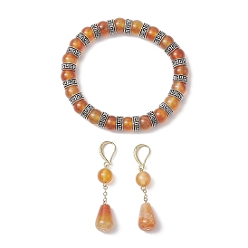 Natural Carnelian & Crackle Agate Beads Earring & Bracelets Set, Brass Jewelry Sets for Women