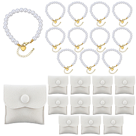 12Pulseras redondas de cuentas de perlas de imitación de plástico ABS, con 12bolsas de terciopelo, dorado