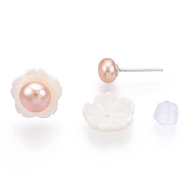 Boucles d'oreilles à tige en perles naturelles et fleurs de coquillage blanches, avec 925 épingles en argent sterling
