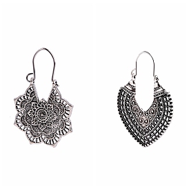 Alloy Hoop Earrings, Bohemia Style Long Drop Earrings for Women, Antique Silver, Flower/Fan