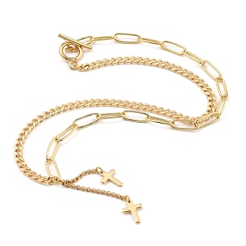 Cross Brass Pendant Necklaces, with Brass Curb Chains & Paperclip Chains, 304 Stainless Steel Box Chains and Toggle Clasps