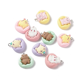 Opaque Resin Pendants, with Platinum Tone Iron Loops, Rabbit & Pig & Chick, Mixed Shapes Animal Charms