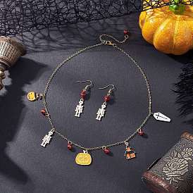 Комплект из ожерелья и сережек-гвоздиков из сплава эмали и синтетической бирюзы с черепом, Комплекты украшений из латуни и 304 нержавеющей стали