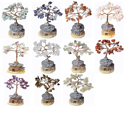 Natural Gemstone Chips Tree Decorations, House Base Copper Wire Feng Shui Energy Stone Gift for Home Desktop Decoration