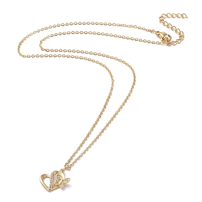 304 Stainless Steel Chain Necklaces, with Brass Micro Pave Cubic Zirconia Pendants, Love Heart with Butterfly for Woman