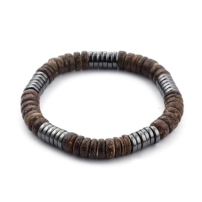 Stretch Beaded Bracelet, with Natural Coconut Shell Beads and Non-magnetic Synthetic Hematite Beads, Heishi Beads, Flat Round