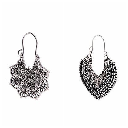 Alloy Hoop Earrings, Bohemia Style Long Drop Earrings for Women, Antique Silver, Flower/Fan