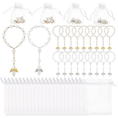 28шт. 2 стили браслетов с подвесками в виде ангела и цветка из пластика, имитирующего жемчуг, с 28шт. мешочками из органзы