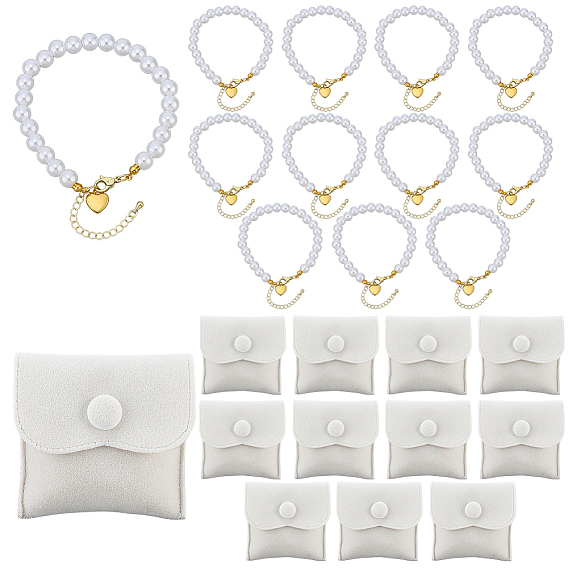 12Bracelets ronds en plastique ABS avec perles d'imitation nacrées (pièces), avec 12 pièces sacs en velours, or