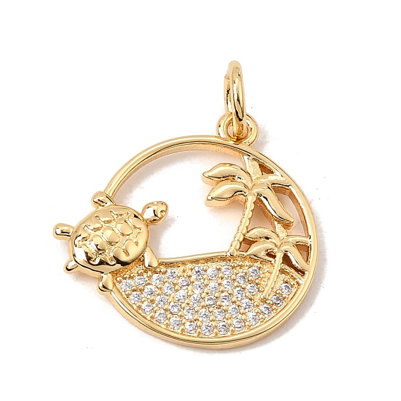 Pendentifs en laiton zircon cubique transparent, rond avec des breloques tortue et cocotier, sans cadmium et sans plomb et sans nickel