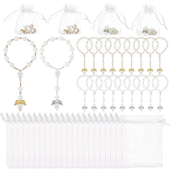 28шт. 2 стили браслетов с подвесками в виде ангела и цветка из пластика, имитирующего жемчуг, с 28шт. мешочками из органзы
