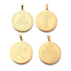 PVD Vacuum Plating 304 Stainless Steel Pendants, Flat Round Charm, Real 18K Gold Plated