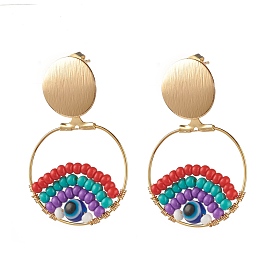 Ring with Evil Dangle Stud Earrings, Wire Wrap Evil Eye & Glass Seed Beads Drop Earring for Women, Golden