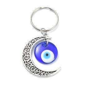 Alloy Moon Pendant Keychain, with Lampwork Evil Eye, Iron Split Key Rings