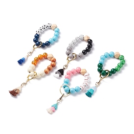 Round & Polygon Natural Wood Beads Stretch Bracelets Keychains, with Polycotton Tassel Pendant and Alloy Findings
