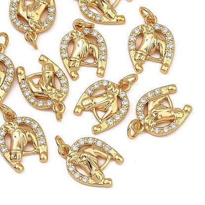 SHEGRACE Brass Micro Pave Clear Cubic Zirconia Pendants, Horse with Horseshoe Charms, Cadmium Free & Lead Free & Nickel Free
