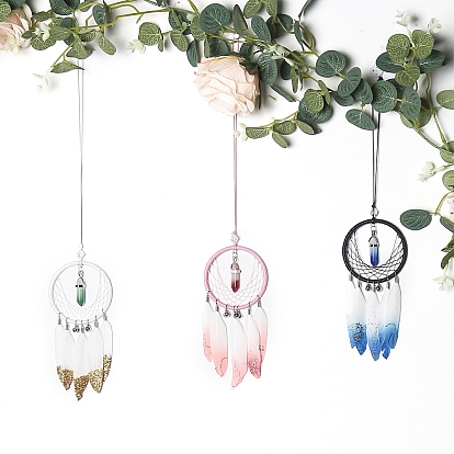 Woven Web/Net with Feather Wall Hanging Decoration, with Iron Ring and Synthetic Turquoise Bullet Charm, for Home Bedroom Decorations
