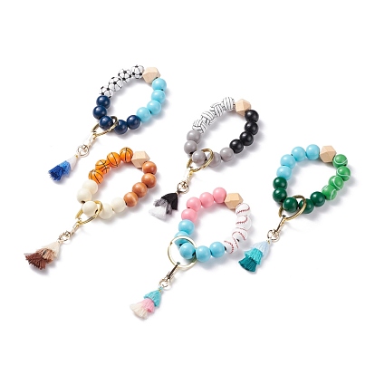 Round & Polygon Natural Wood Beads Stretch Bracelets Keychains, with Polycotton Tassel Pendant and Alloy Findings