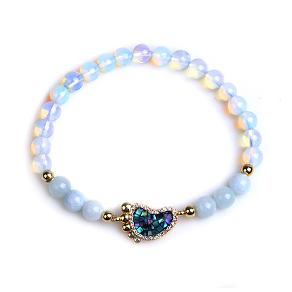 Opalite Stretch Bracelets, with Brass Micro Pave Cubic Zirconia and Paua Shell Findings, Footprint