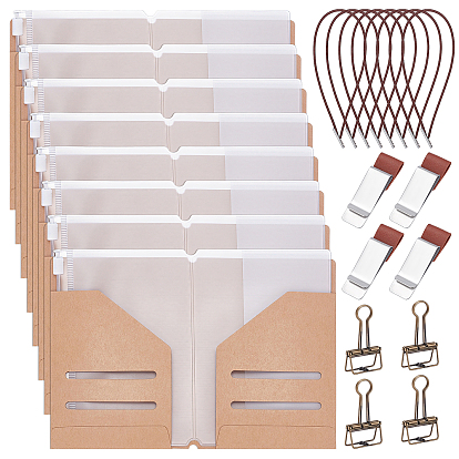 4Pcs Stainless Steel Pen Clips, 4Pcs Steel Paper Clips, 8Pcs Rectangle PVC File Pockets, 8Pcs Kraft Paper Card Holder, 8Pcs Nylon Elastic Straps