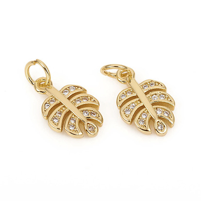 Brass Micro Pave Cubic Zirconia Charms, with Jump Rings, Leaf, Clear
