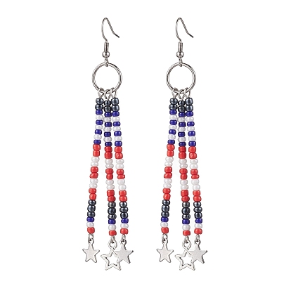 304 Stainless Steel Star Dangle Earrings, Glass Seed Beaded Tassel Earrings