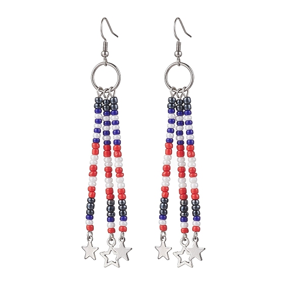 304 Stainless Steel Star Dangle Earrings, Glass Seed Beaded Tassel Earrings