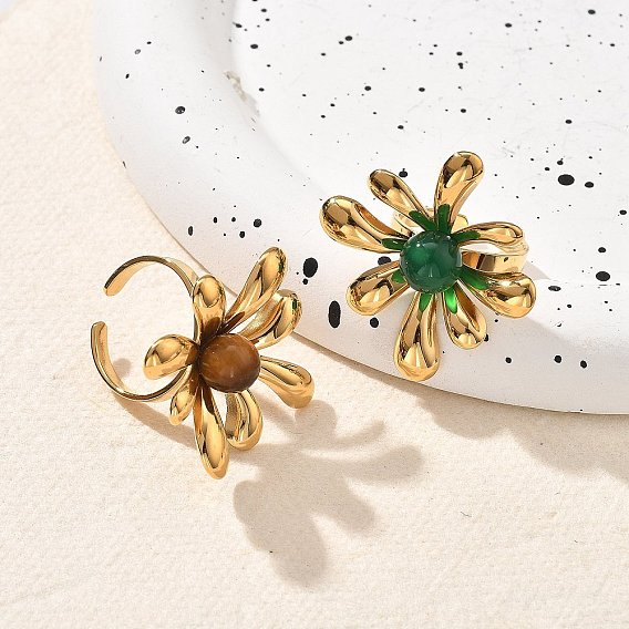 Кольца из натурального драгоценного камня, цветок 304 открытые манжеты из нержавеющей стали для женщин, реальный 18 k позолоченный