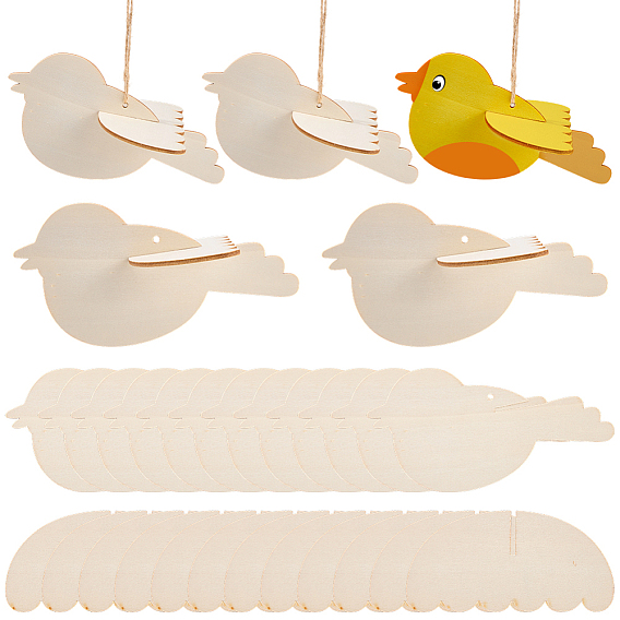 24 шт. 2 стили птица незаконченные заготовки деревянные подвески набор для рисования искусство, пирография, домашнего декора, с джутовым шнуром 12шт.