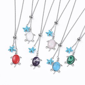 Tortoise Brass Gemstone Pendant Lariat Necklaces, with Synthetic Turquoise Starfish/Sea Stars Beads and 304 Stainless Steel Findings