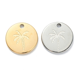 304 Stainless Steel Charms, Flat Round with Coconut Tree
