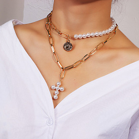 Vintage Cross Portrait Necklace with Pearl Alloy Double Layer Chain.