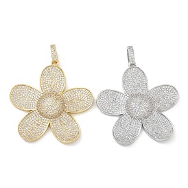 Rack Plating Brass Micro Pave Clear Cubic Zirconia Pendants, Long-Lasting Plated, Lead Free & Cadmium Free, Flower Charms