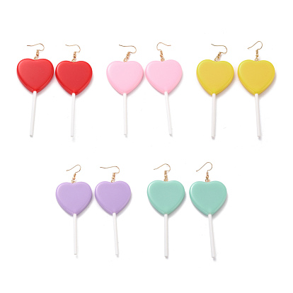 Heart-shape Lollipop Dangle Earrings for Women, Candy Color Simulation Food Drop Earrings, Golden