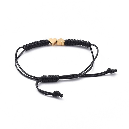 Unisex Adjustable Korean Waxed Polyester Cord Braided Bead Bracelets, with Brass Beads, Heart
