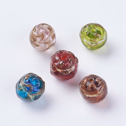 Handmade Silver Foil Lampwork Beads, with Gold Sand, Round