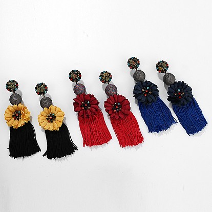Nylon Tassel Earrings, with Rhinestone and Alloy Findings, with Flower