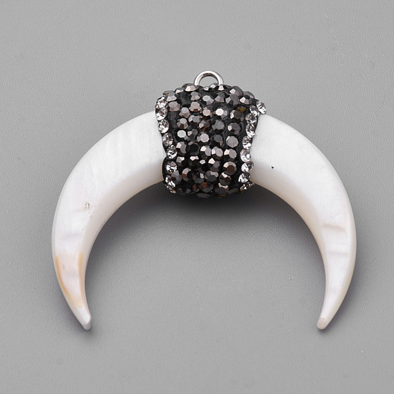 Freshwater Shell Pendants, with Rhinestone, Double Horn/Crescent Moon Pendant