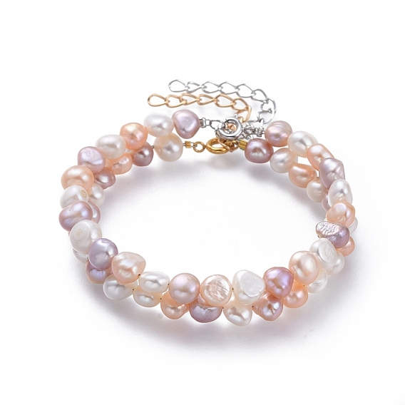 Natural Freshwater Pearl Beaded Bracelets Sets, Stackable Bracelets, with Iron Extension Chain, Brass Findings, Mixed Color